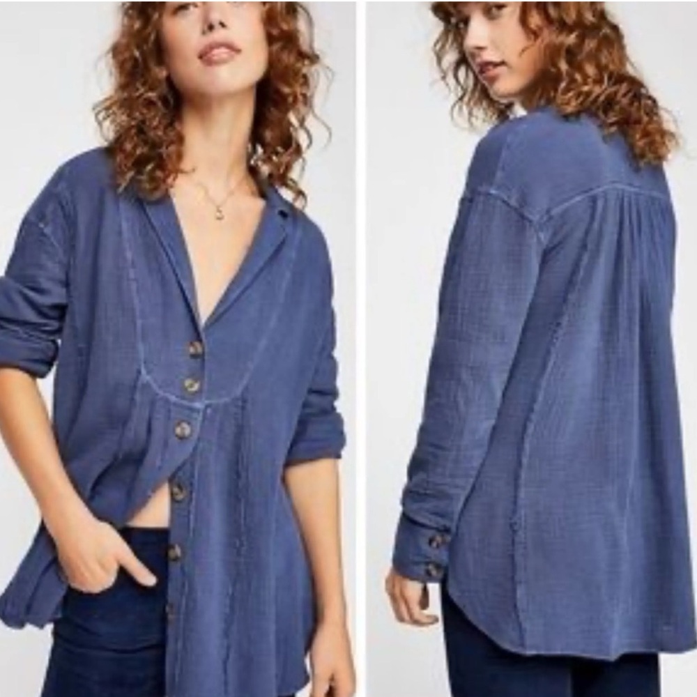 Free People All About the Feels Cotton Tunic Bohemian Cottagecore Oversized Blue